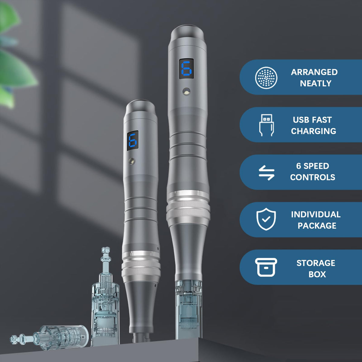 Open travel case highlights easy storage for on-the-go microneedling