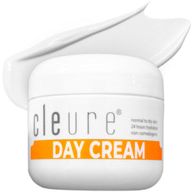 Cleure anti-aging day cream bottle shows fragrance-free formula for sensitive skin.