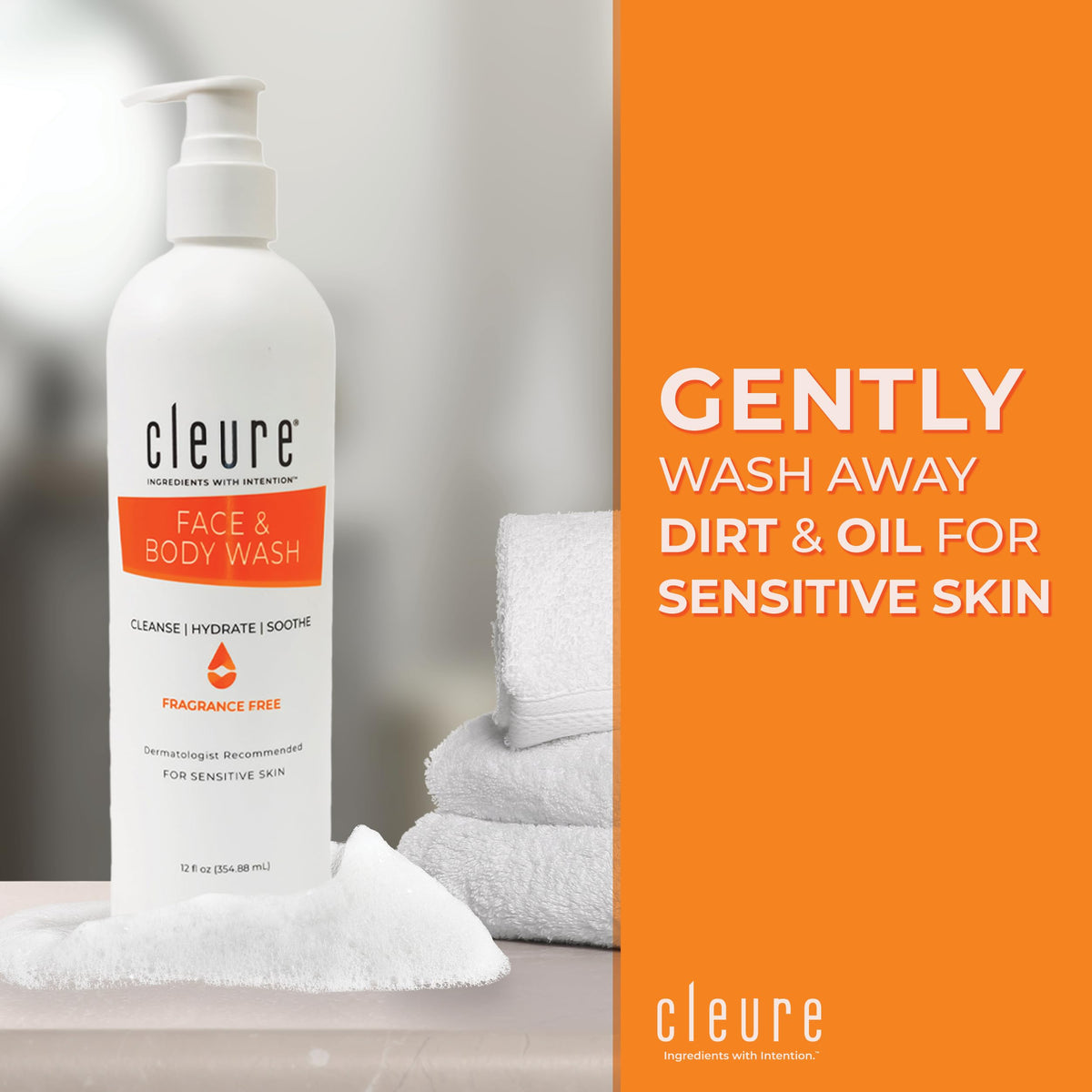 Closeup of Cleure cleanser foam demonstrates gentle lather ideal for daily use.