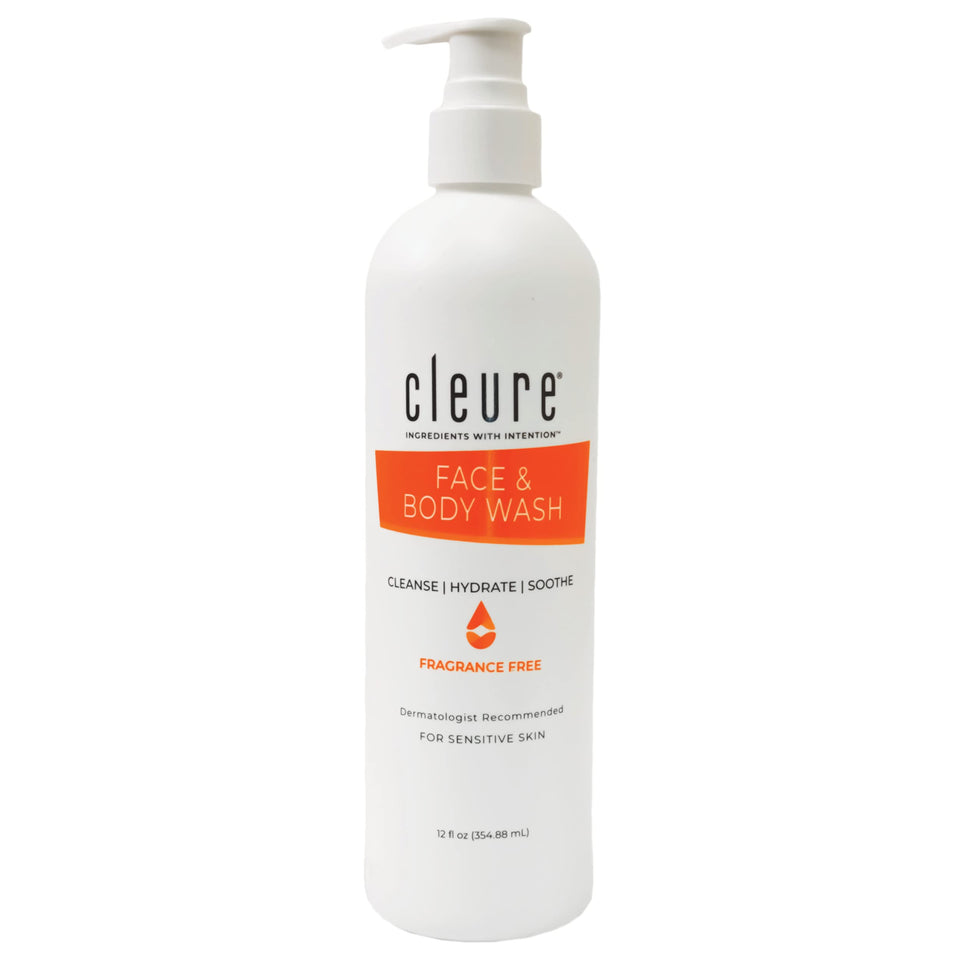 Cleure Face and Body Cleanser bottle showing fragrance-free formula for sensitive skin