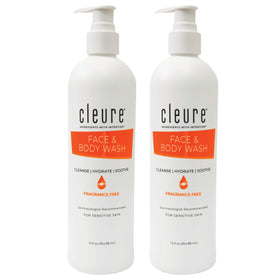 Cleure face and body cleanser bottle with fragrance-free hypoallergenic formula for sensitive skin.