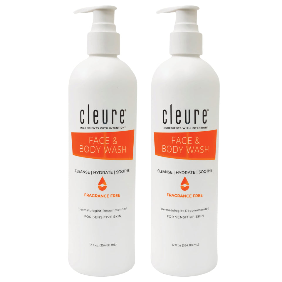 Cleure face and body cleanser bottle with fragrance-free hypoallergenic formula for sensitive skin.