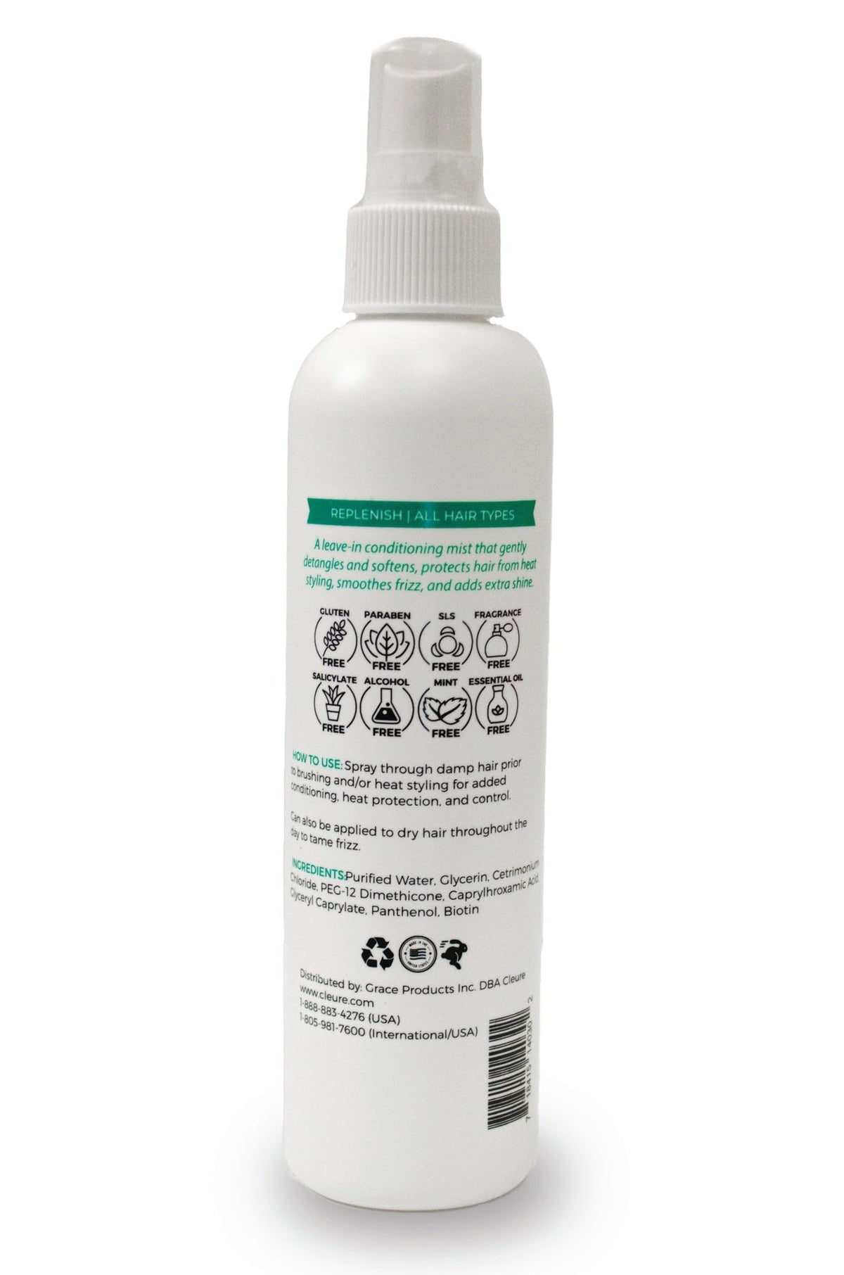 Spray mist of Cleure leave-in conditioner delivering lightweight moisture and detangling.