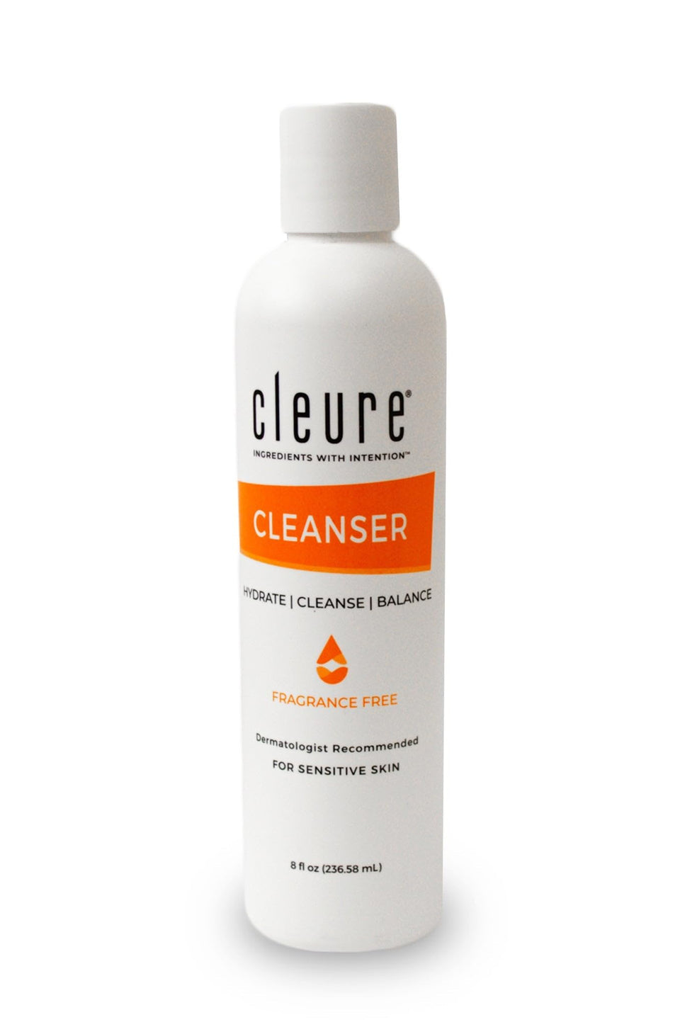 Cleure Gentle Face Cleanser bottle front, fragrance-free design for sensitive skin