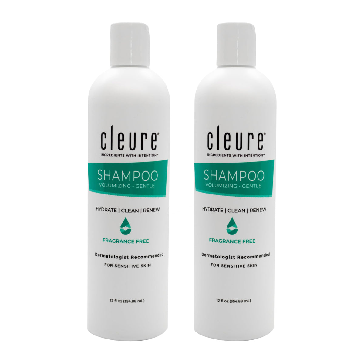 Cleure hypoallergenic volumizing shampoo bottle front—fragrance-free formula for sensitive skin.