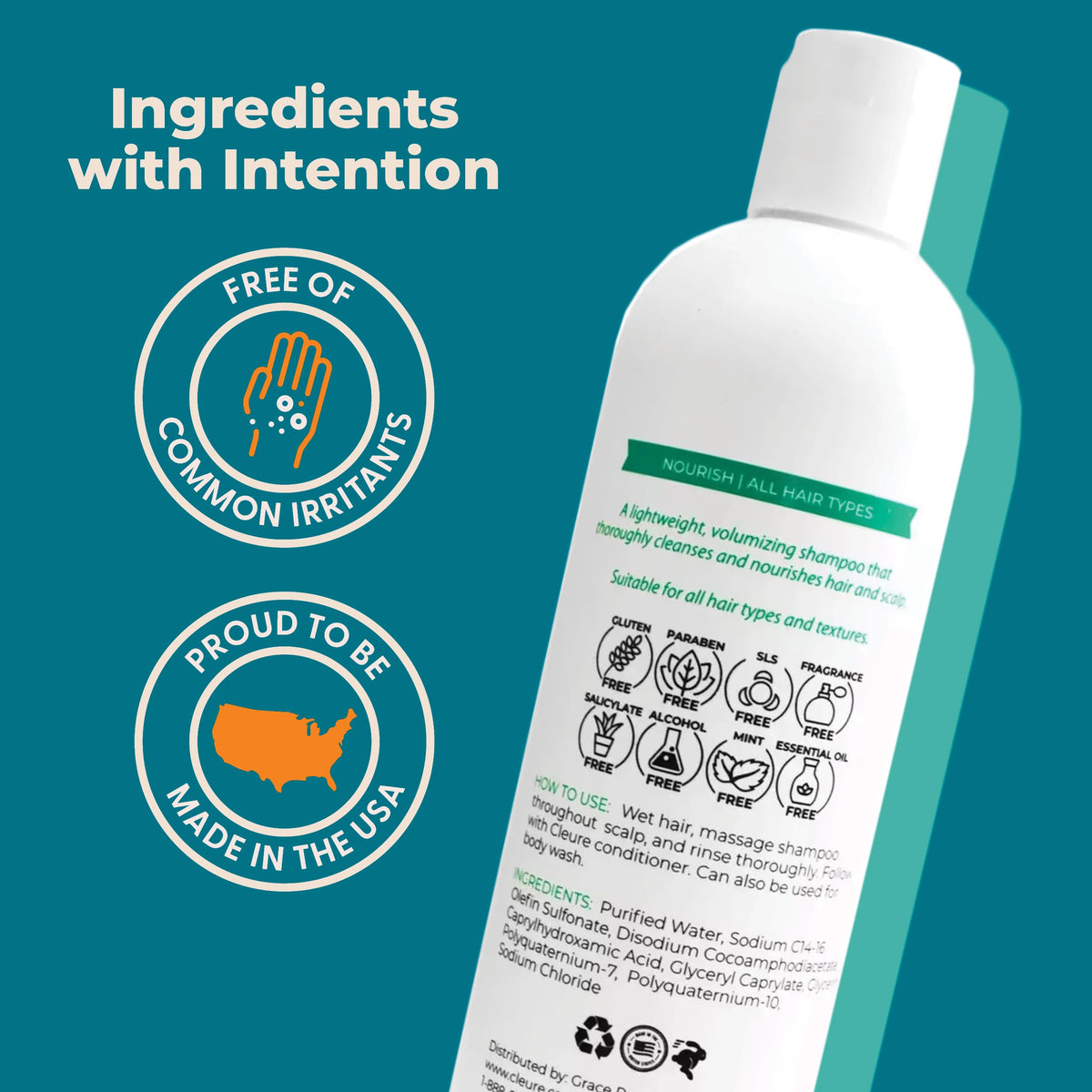 Label closeup of Cleure shampoo showing fragrance-free, SLS-free, and paraben-free credentials.