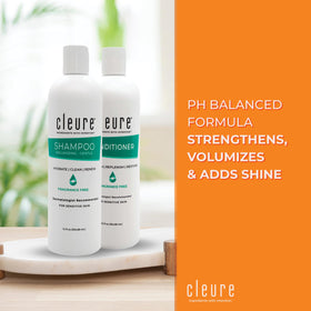 Two-pack Cleure shampoo display highlighting value for sensitive skin care.