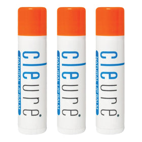 Cleure organic lip balm 3-pack on display showing hydration and fragrance-free formula.