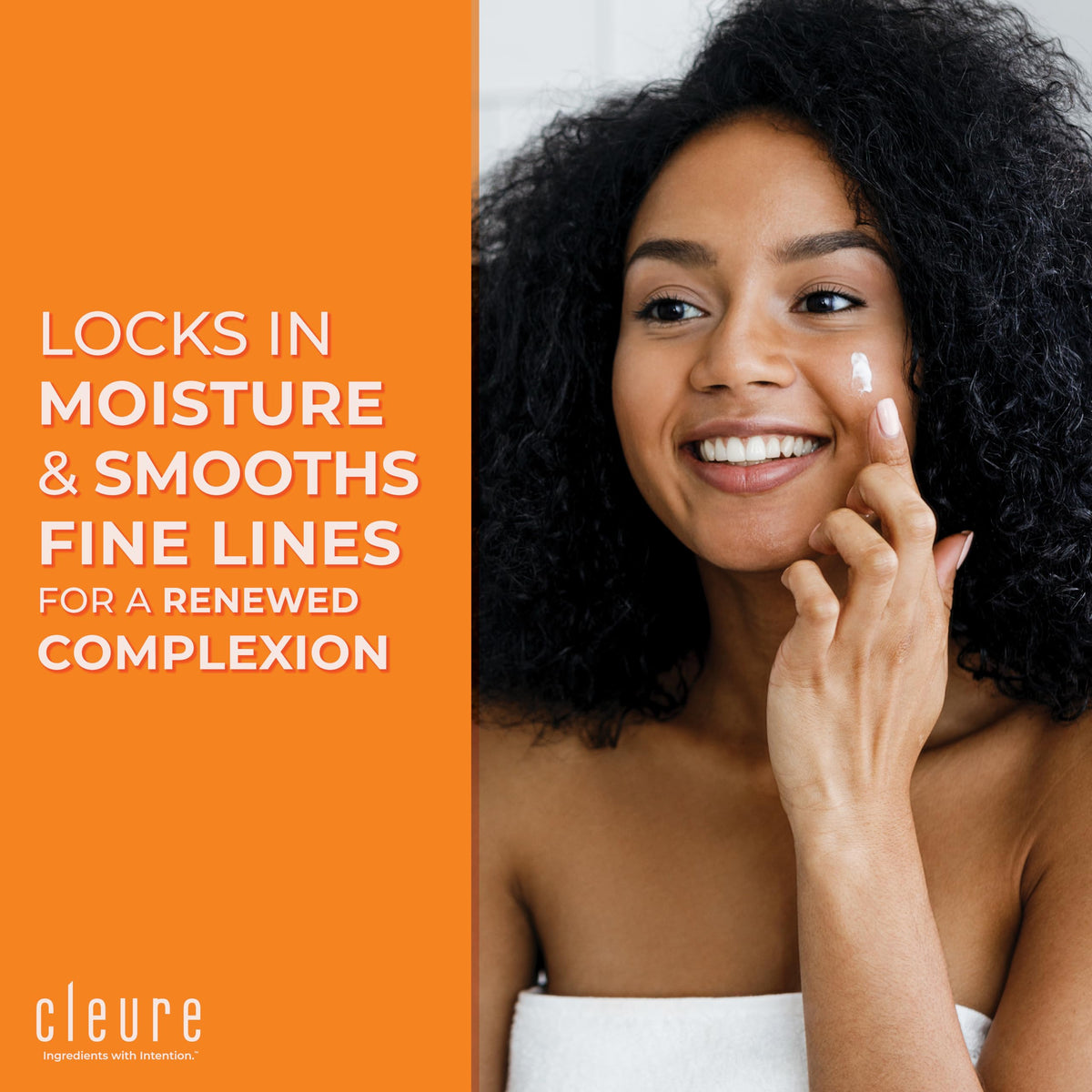 Close-up of Cleure day cream texture highlighting light, non-greasy hydration.