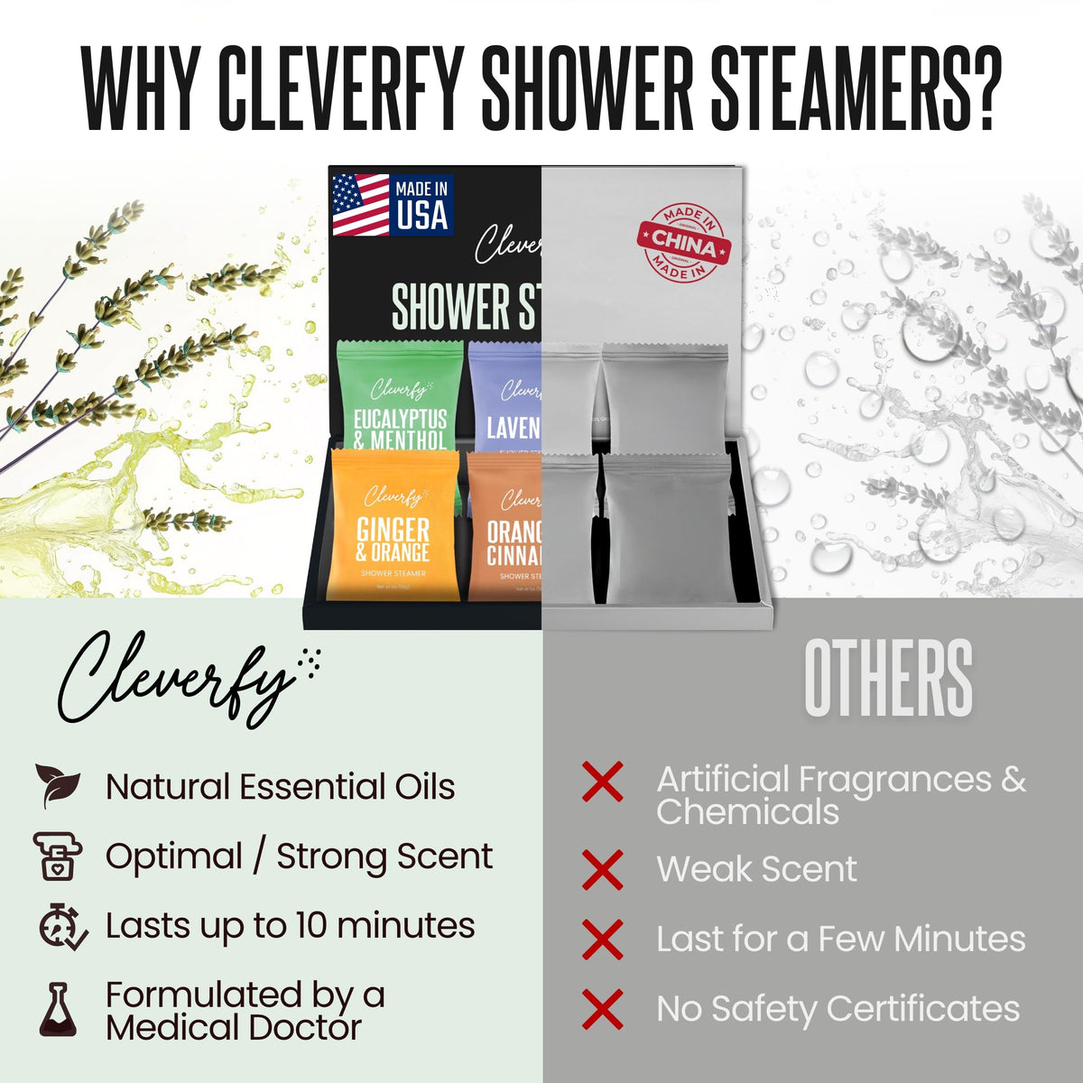 CLEVERFY Shower Steamer Lavender creating calming scent in bathroom.