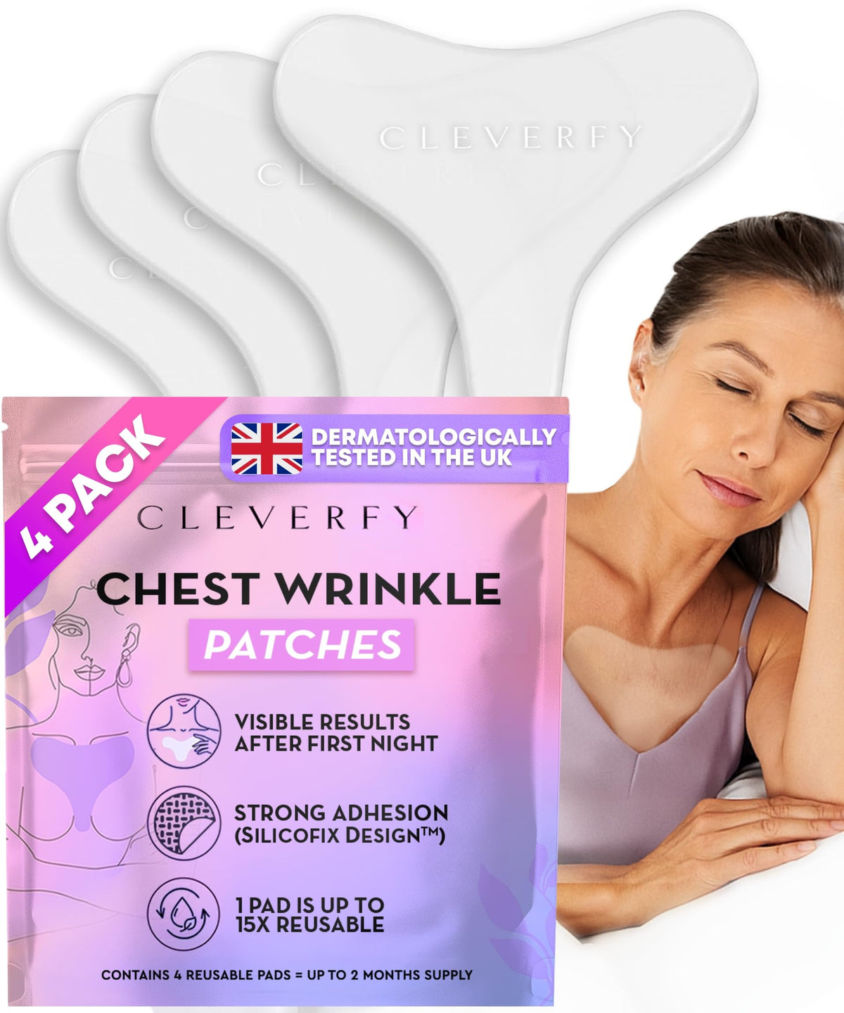 CLEVERFY silicone chest patches overview showing reusable night-time pads for the décolleté.