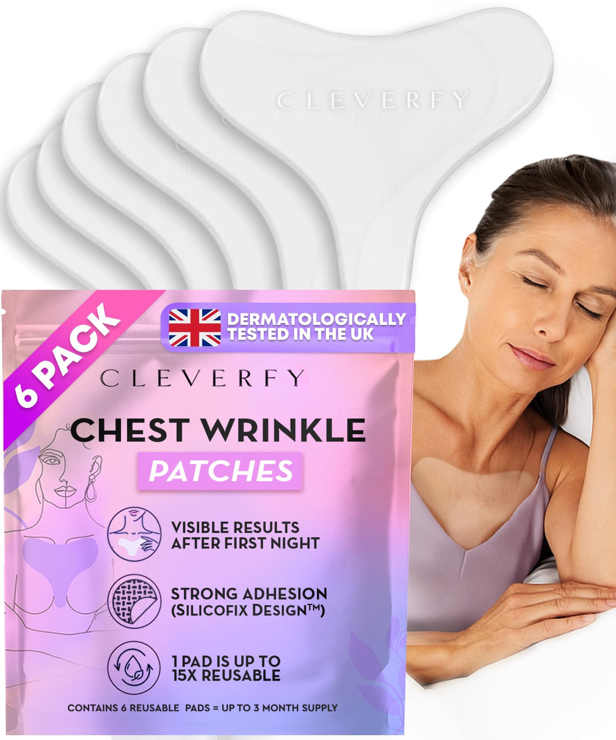CLEVERFY silicone chest patches close-up showing pack for decollete wrinkle care
