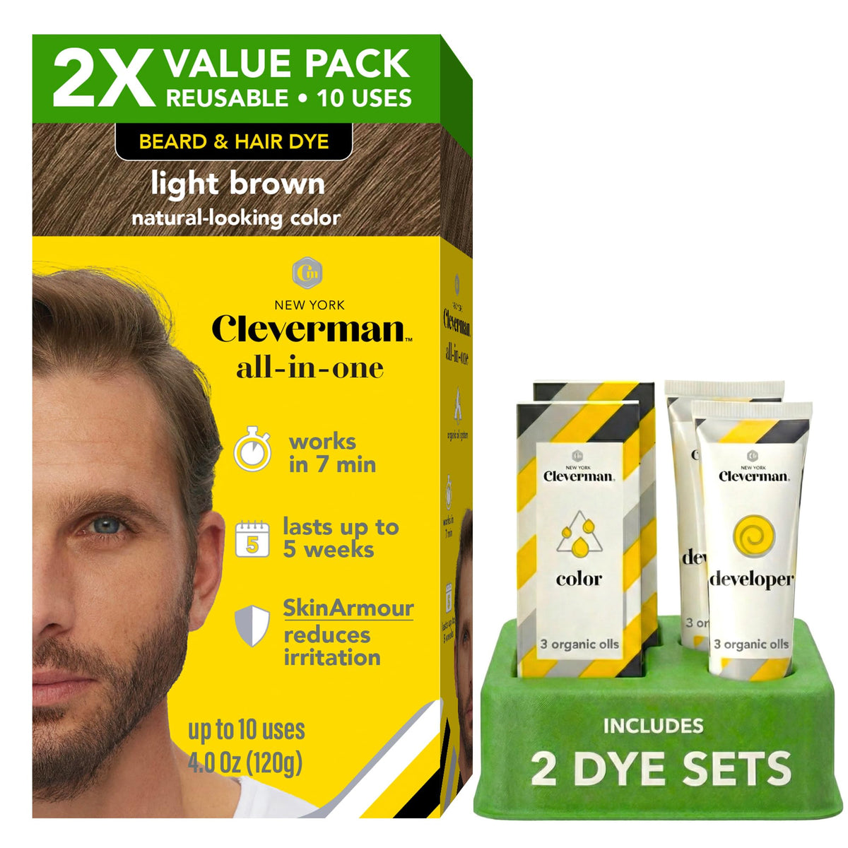 CLEVERMAN 2X color kit for light brown hair provides convenient at-home gray coverage.