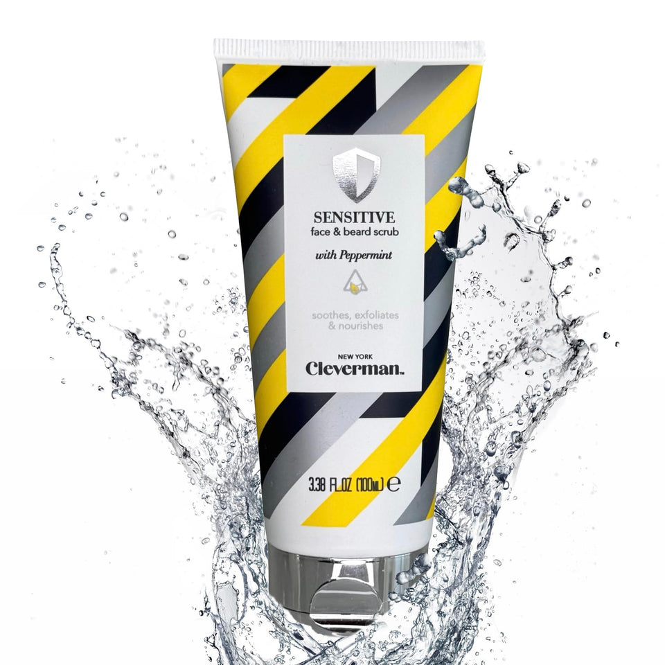 Cleverman Sensitive Scrub bottle with peppermint for a refreshing, gentle cleanse.