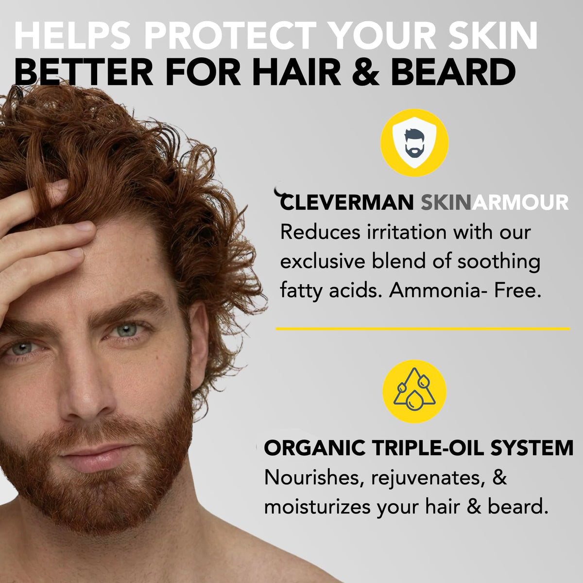 Cleverman vegan, ammonia-free formula respects hair and skin.