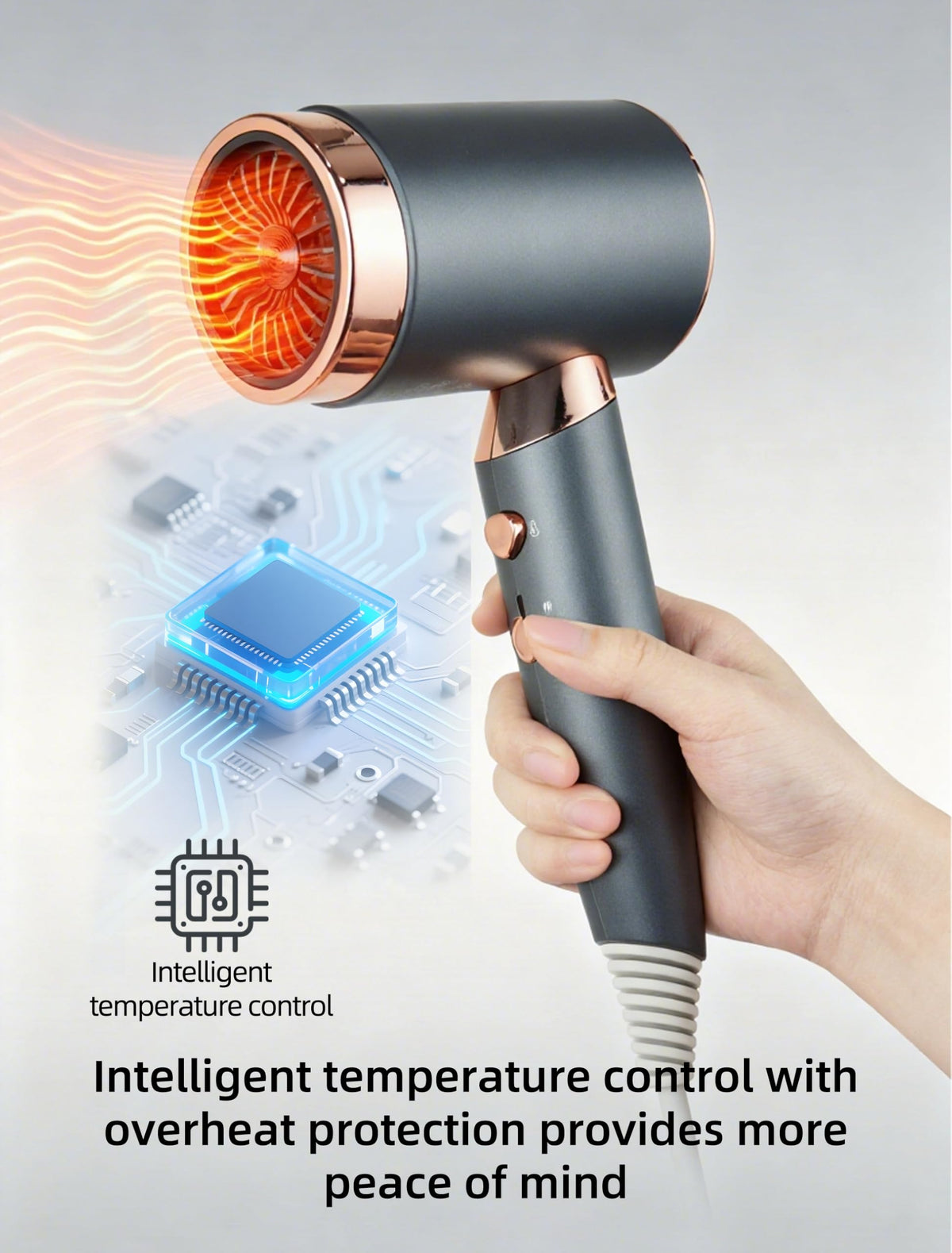 CLGTTBF Lonic hair dryer in use on curly hair for speed.