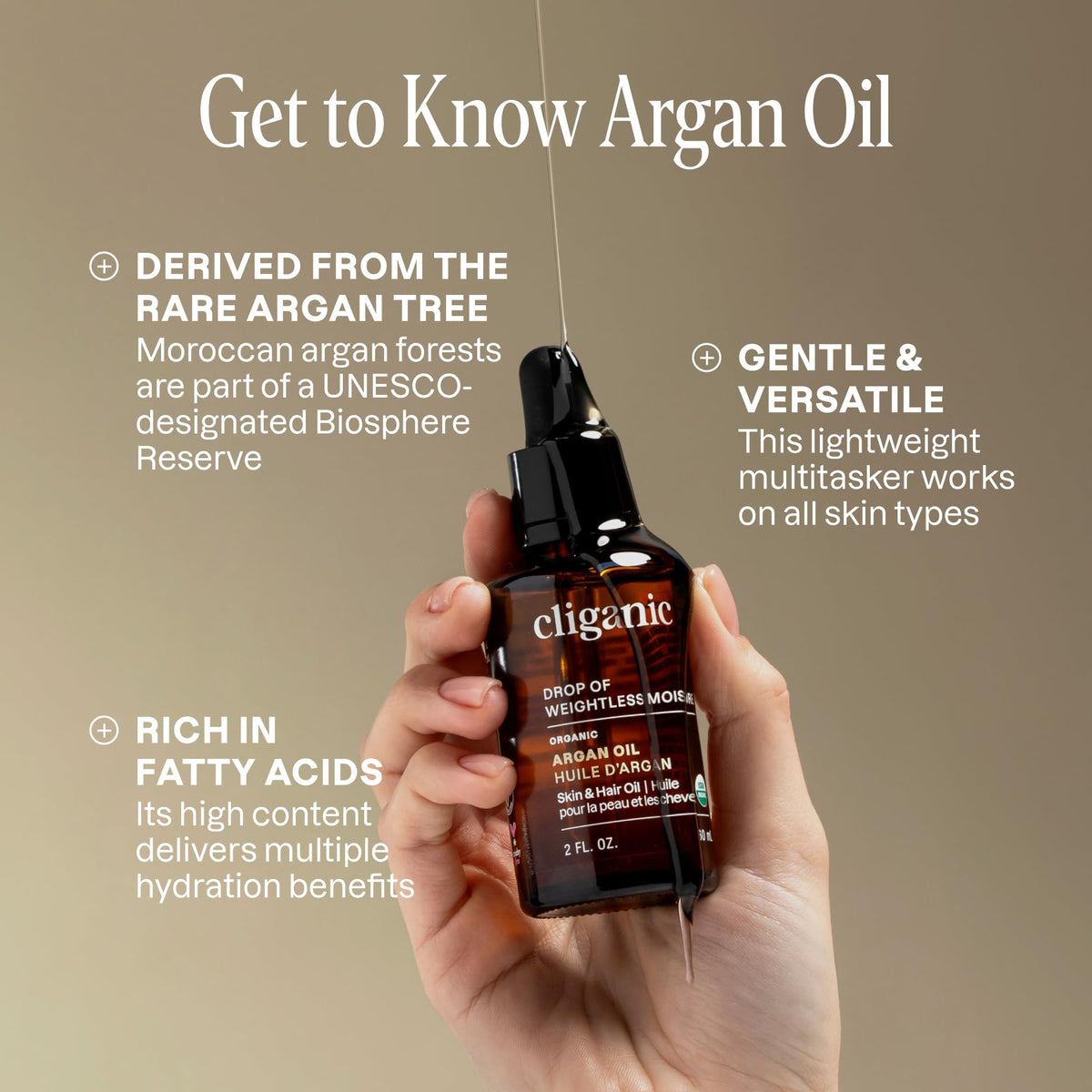 Cliganic Argan Oil for hair care providing smooth shine and frizz control.