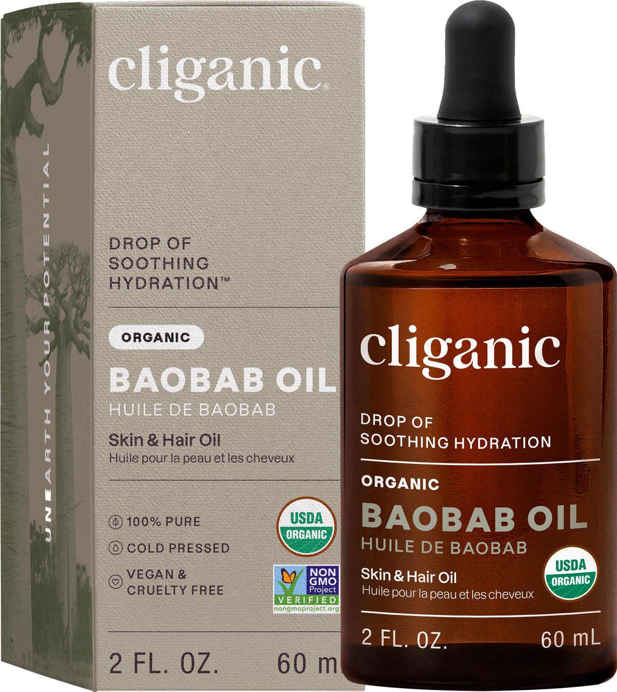 Cliganic Baobab Oil bottle close-up highlights pure, organic quality for daily skincare.
