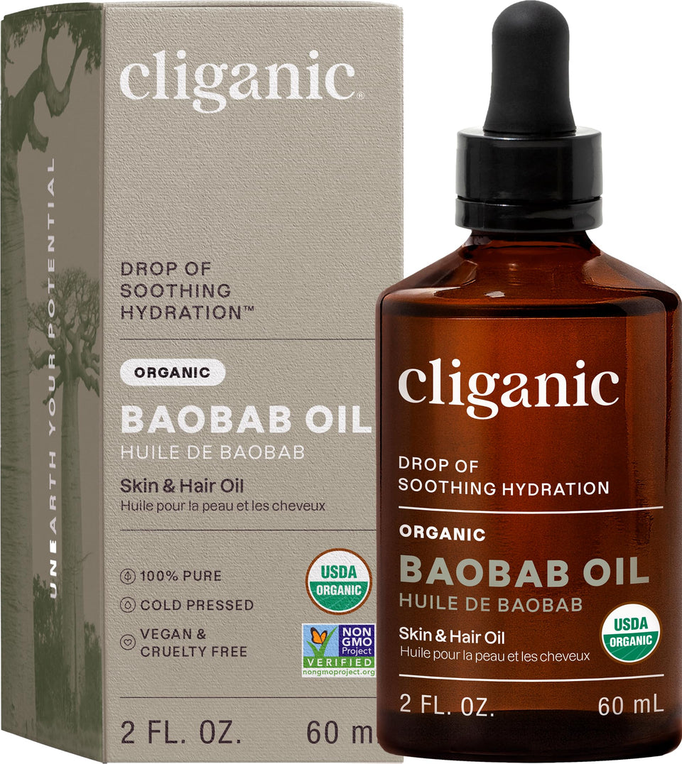 Cliganic Baobab Oil bottle close-up highlights pure, organic quality for daily skincare.