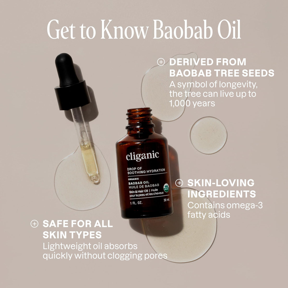 Cliganic Baobab Oil dropper pour demonstrates precise application for face and hair.