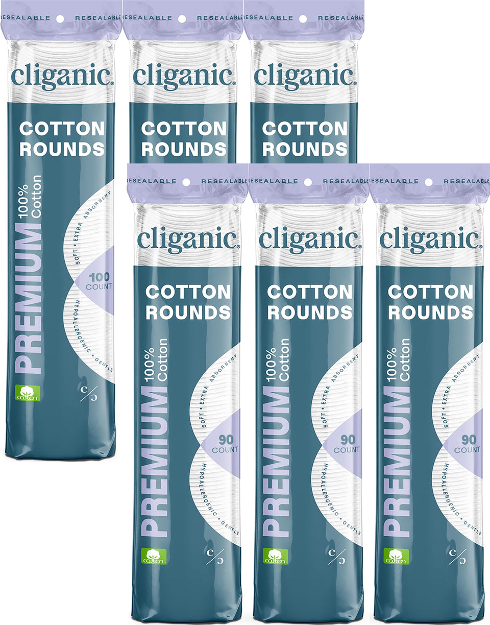 Cliganic six-pack cotton makeup remover pads for convenient at-home use.