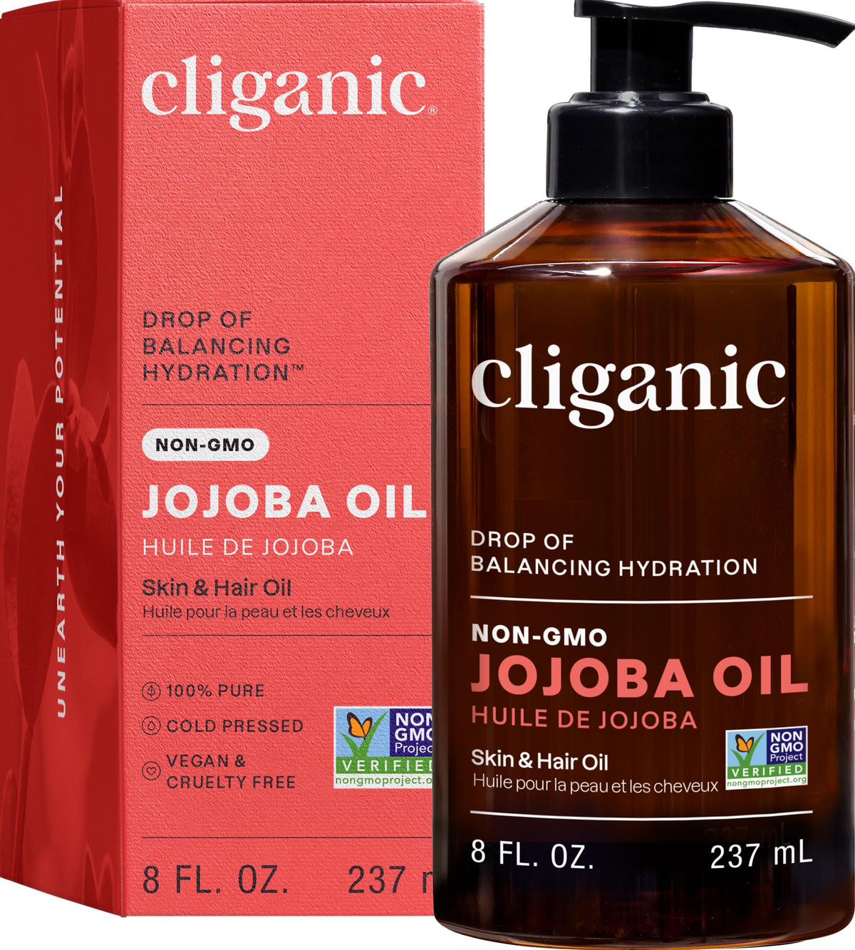 Cliganic Jojoba Oil bottle front, a versatile moisturizer for skin and hair