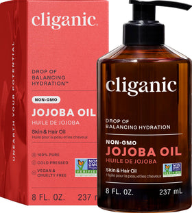 Cliganic Jojoba Oil bottle front, a versatile moisturizer for skin and hair