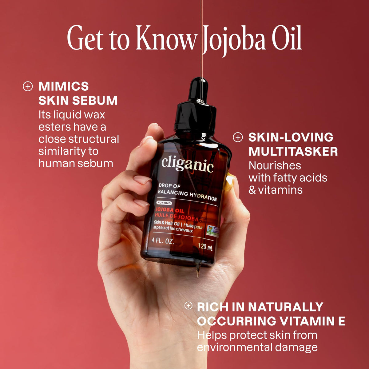Cliganic Jojoba Oil label closeup, hexane-free purity for daily use