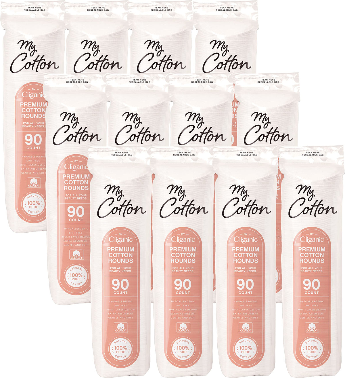 Cliganic My Cotton Rounds bulk pack close-up showing plush cotton layers for gentle removal.