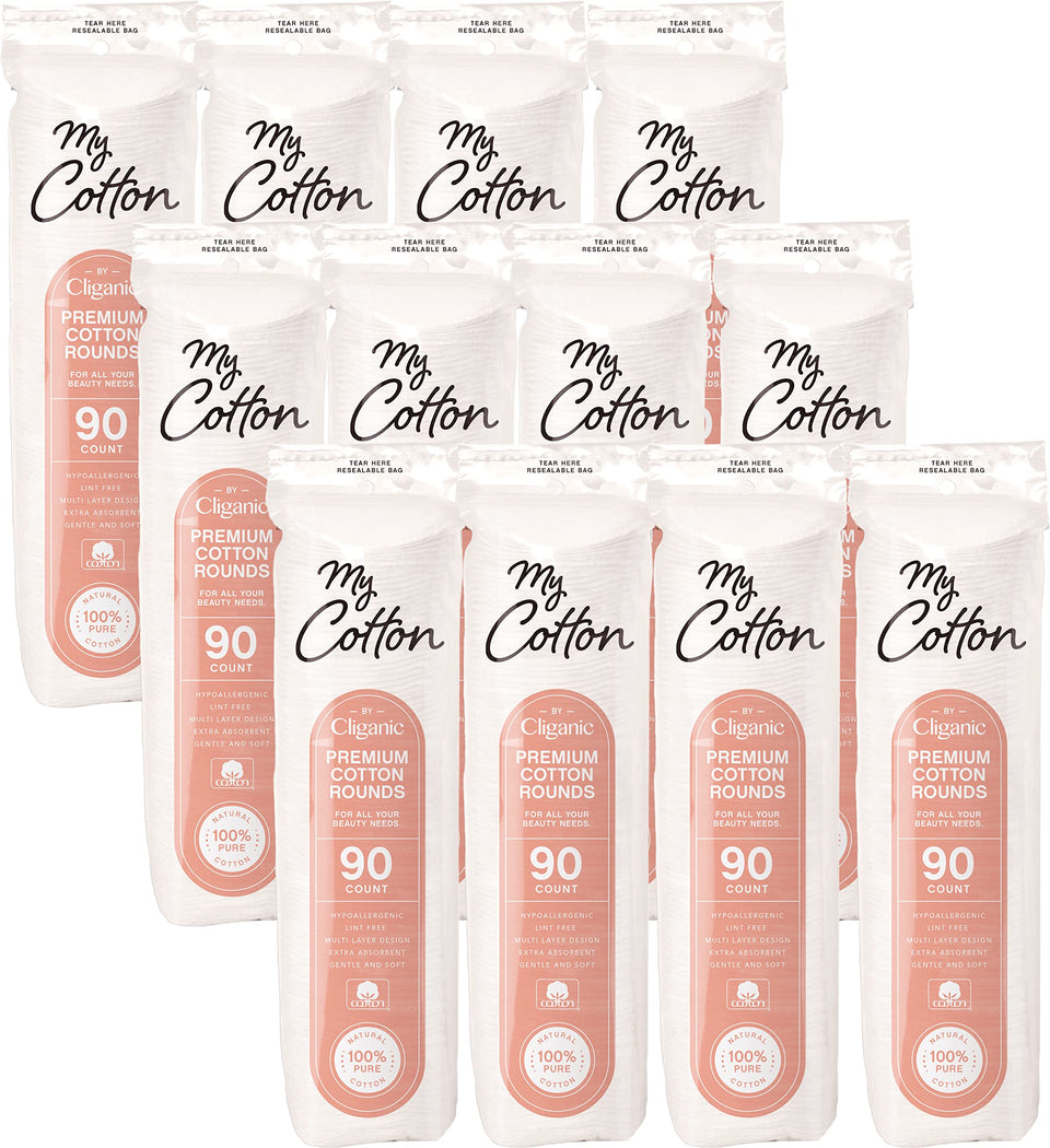 Cliganic My Cotton Rounds bulk pack close-up showing plush cotton layers for gentle removal.