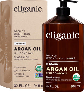 Cliganic Organic Argan Oil 32oz bottle with pump for versatile hair and skin care.