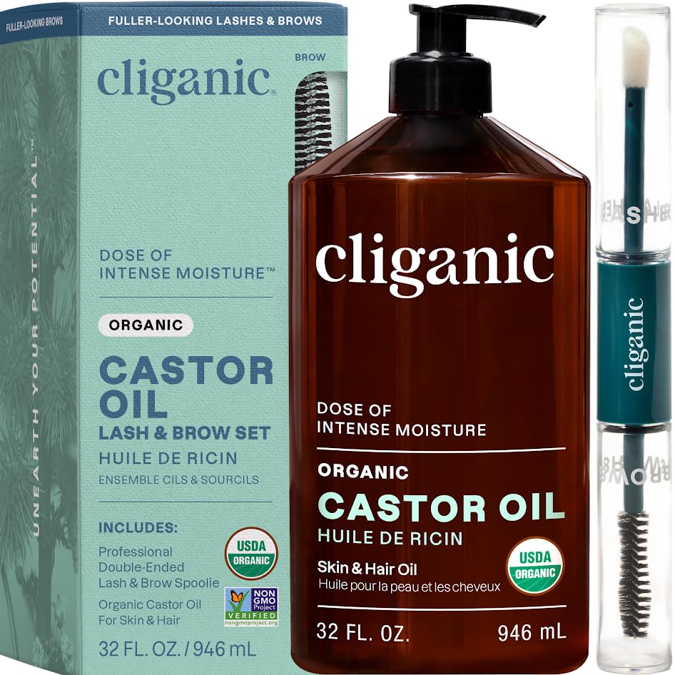 Cliganic Organic Castor Oil 32oz bottle for versatile skin and hair care.