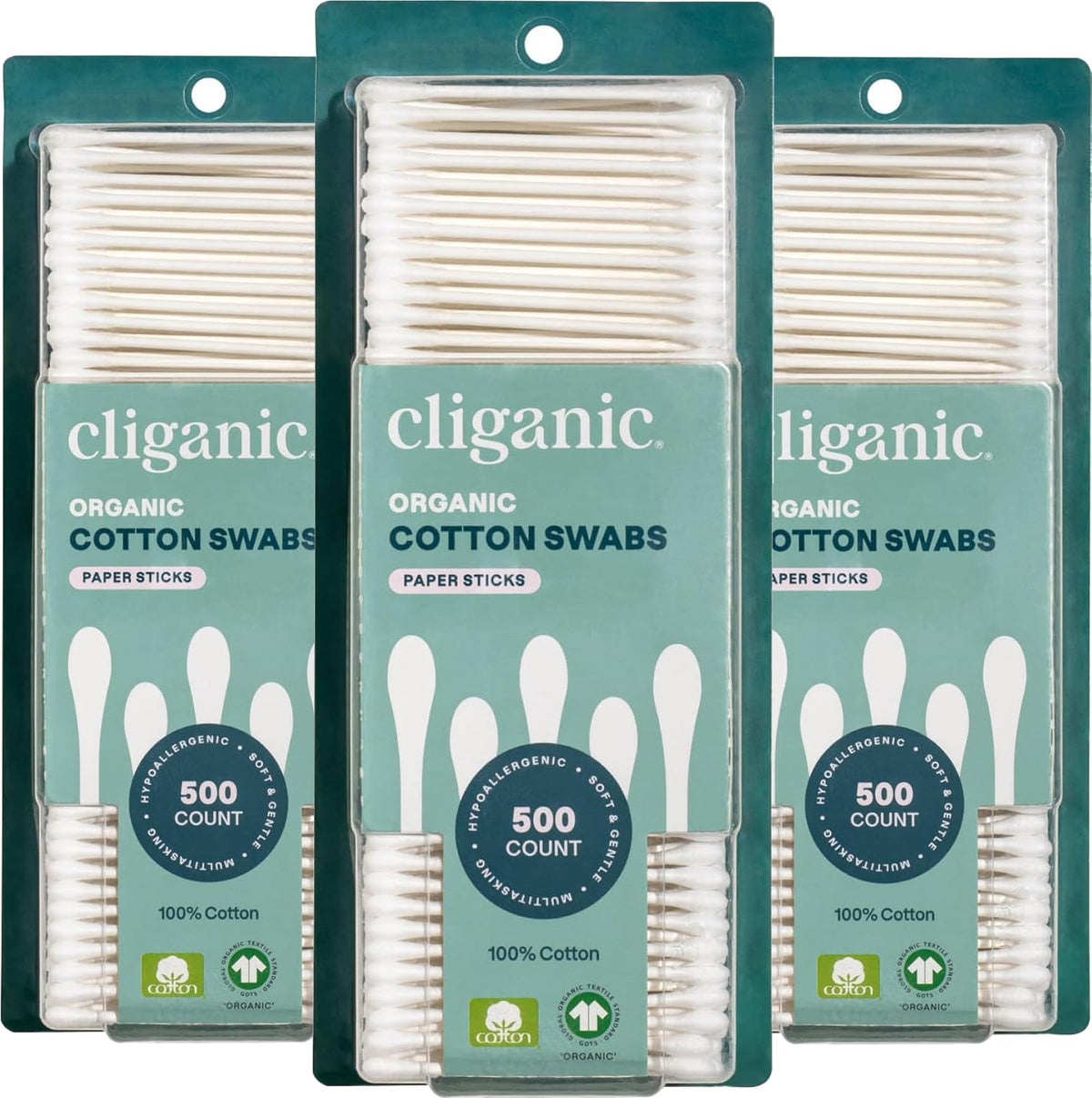 Cliganic Organic Cotton Swabs 3-pack close-up, offering bulk value for home use.