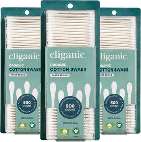 Cliganic Organic Cotton Swabs 3-pack close-up, offering bulk value for home use.
