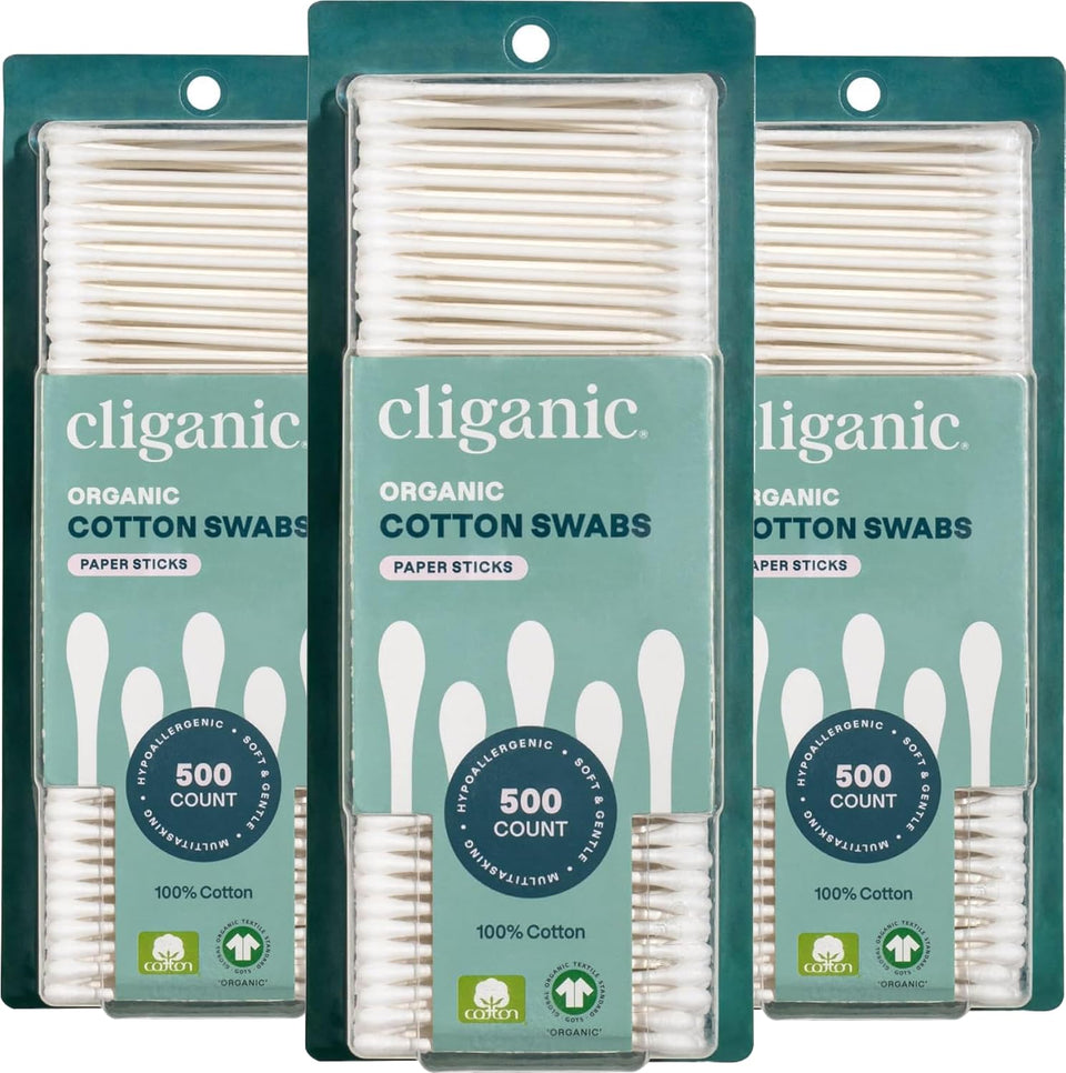 Cliganic Organic Cotton Swabs 3-pack close-up, offering bulk value for home use.