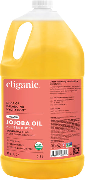 Cliganic jojoba oil 128oz bulk bottle front view for DIY skincare