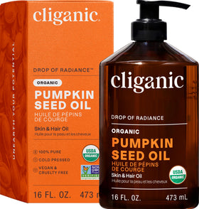 Cliganic Organic Pumpkin Seed Oil bottle pour for skin nourishment and hydration