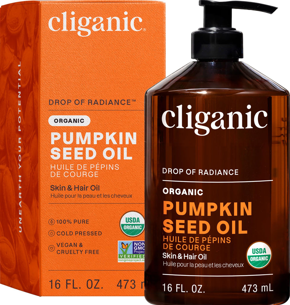 Cliganic Organic Pumpkin Seed Oil bottle pour for skin nourishment and hydration