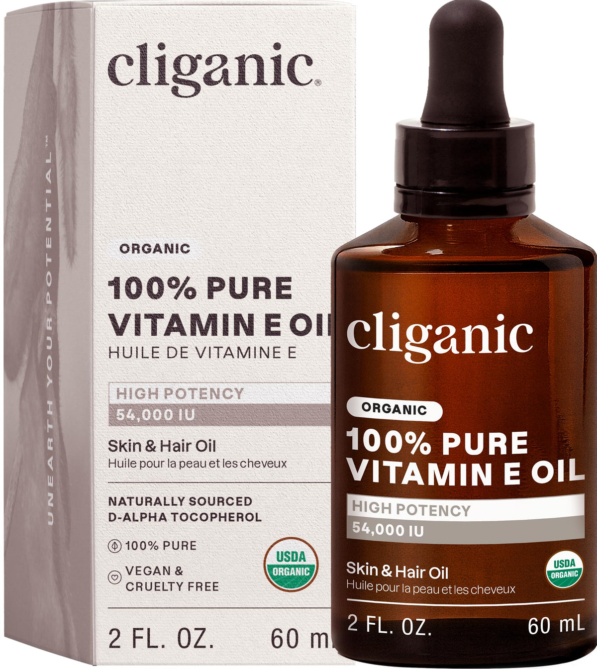 Cliganic Organic Vitamin E oil bottle for facial skin nourishment.