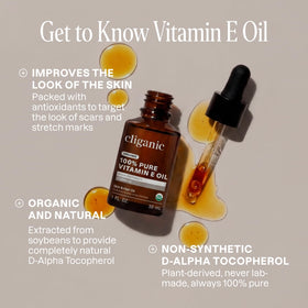 Cliganic Vitamin E oil close-up highlights purity and smooth texture.