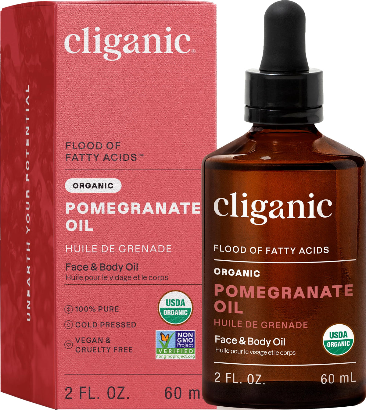 Cliganic Organic Pomegranate Oil bottle promotes radiant skin with natural hydration