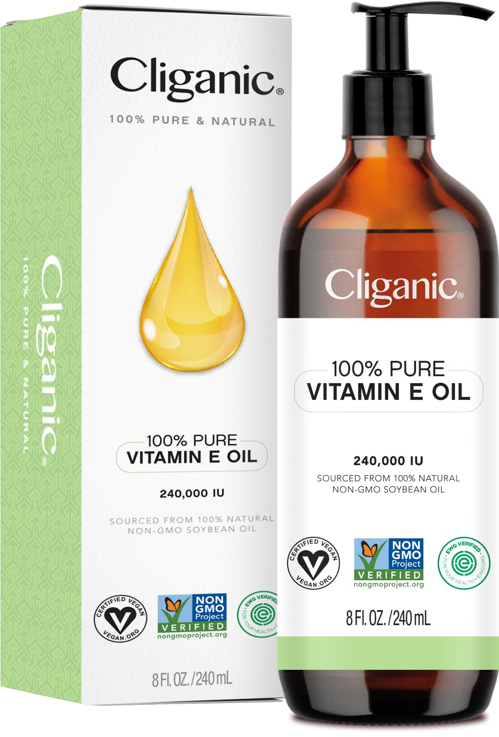 Cliganic Vitamin E oil bottle for skin nourishment and easy application.