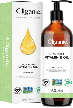 Cliganic Vitamin E oil bottle for skin nourishment and easy application.
