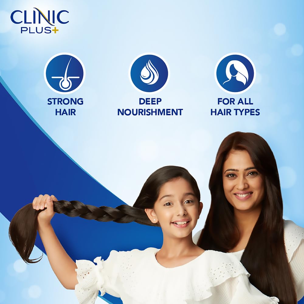 Clinic Plus shampoo poured into a hand showing easy lather preparation.