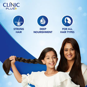 Clinic Plus shampoo poured into a hand showing easy lather preparation.