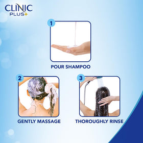 Clinic Plus wet hair application demonstrating mild daily-use formula.