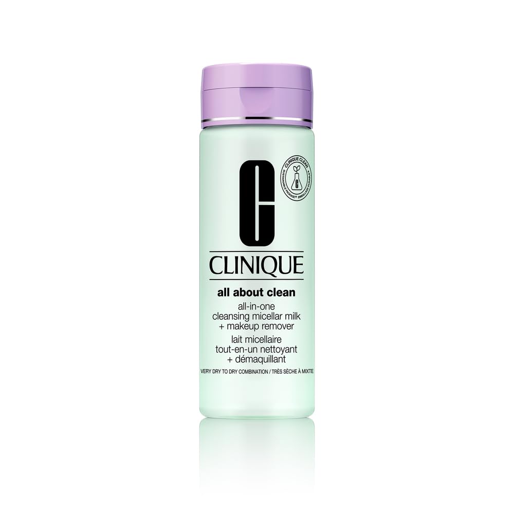 Clinique 3-Step All About Clean micellar milk bottle for gentle face and eye makeup removal.