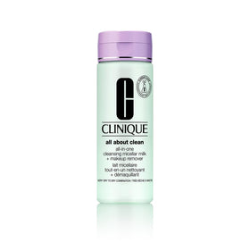Clinique 3-Step All About Clean micellar milk bottle for gentle face and eye makeup removal.
