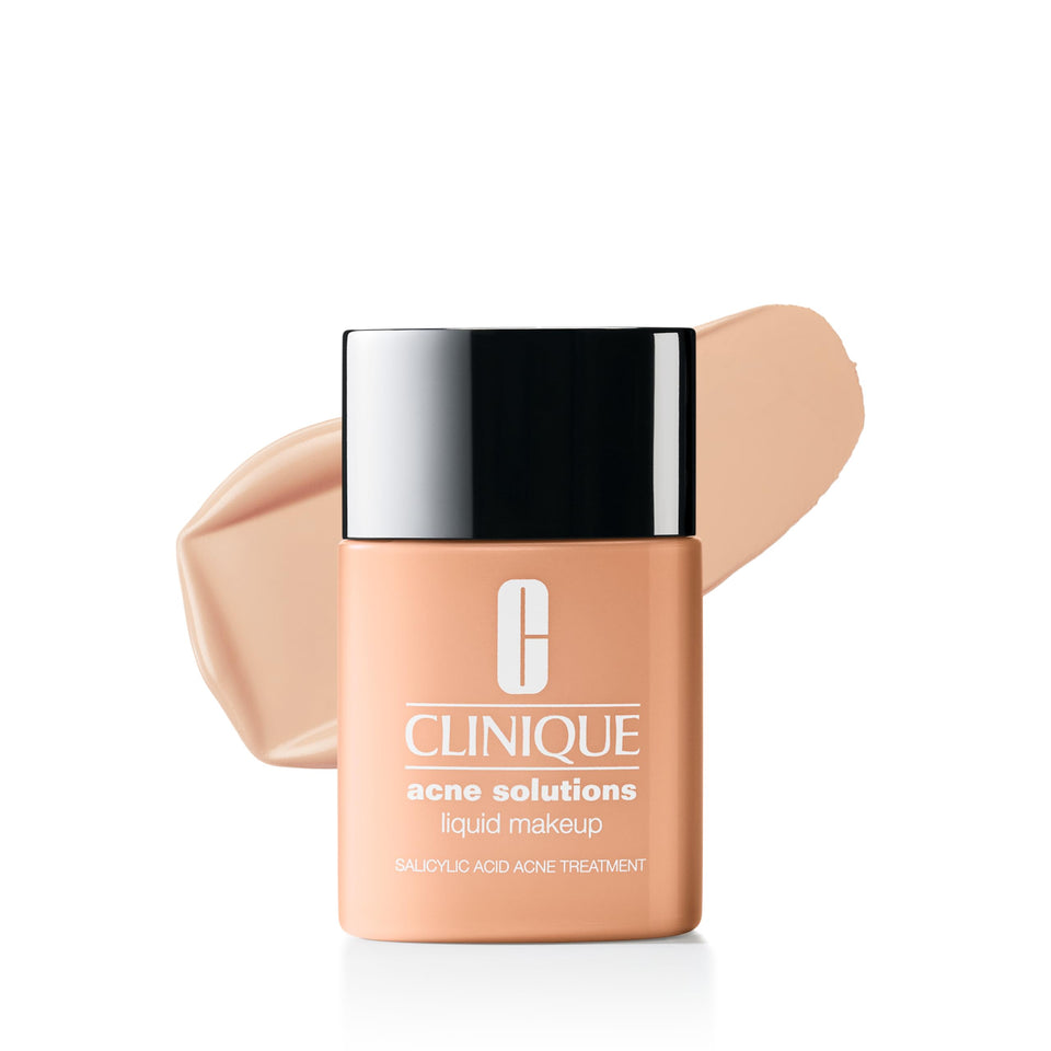 Clinique Acne Solutions Liquid Foundation bottle with pump for easy, even coverage.