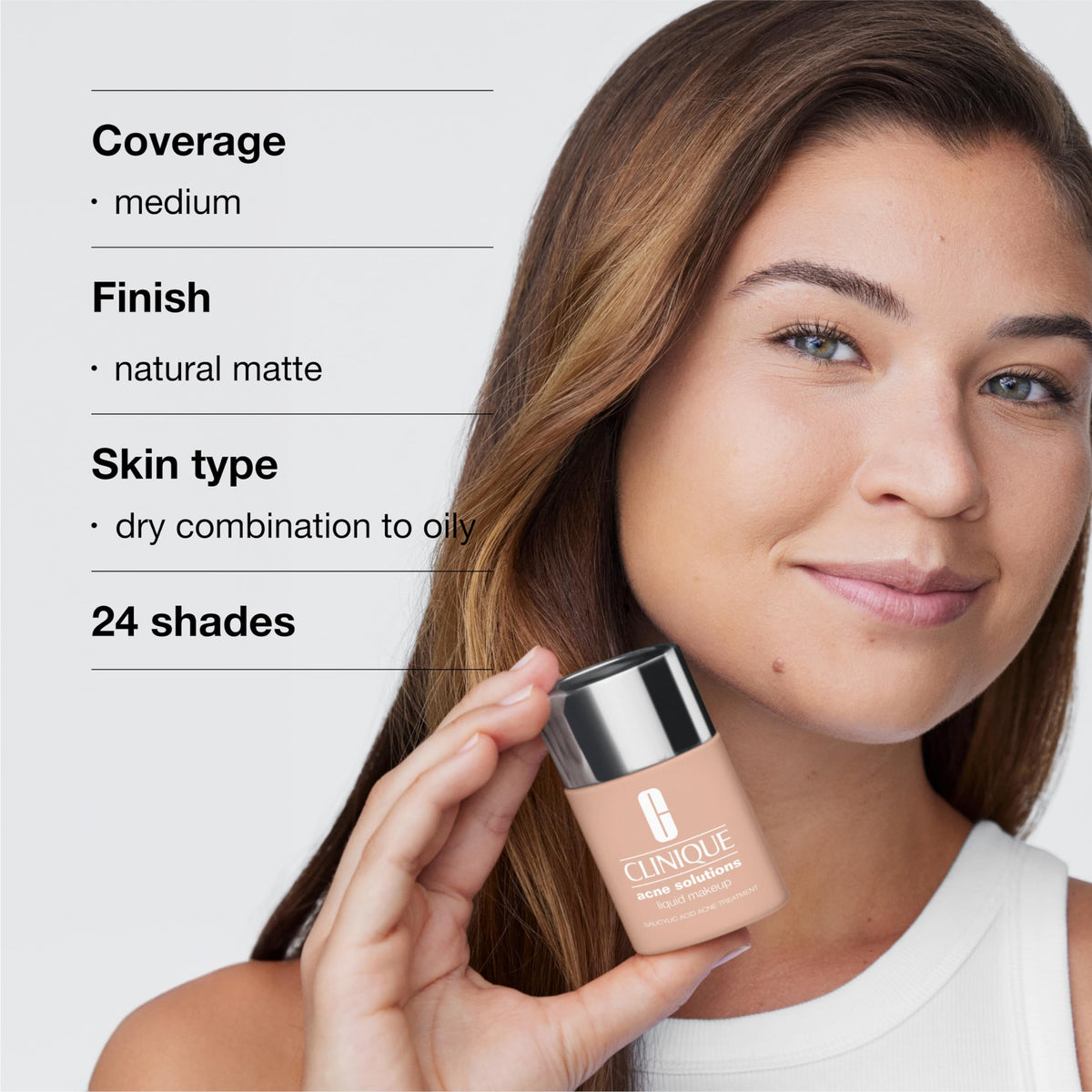 Shade range of Clinique Acne Solutions Liquid Foundation to match skin tones.